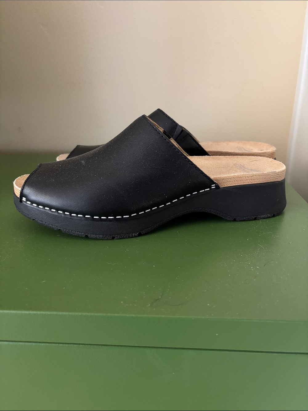 Dansko Black Leather Peep-Toe Clogs - Picture 3 of 3